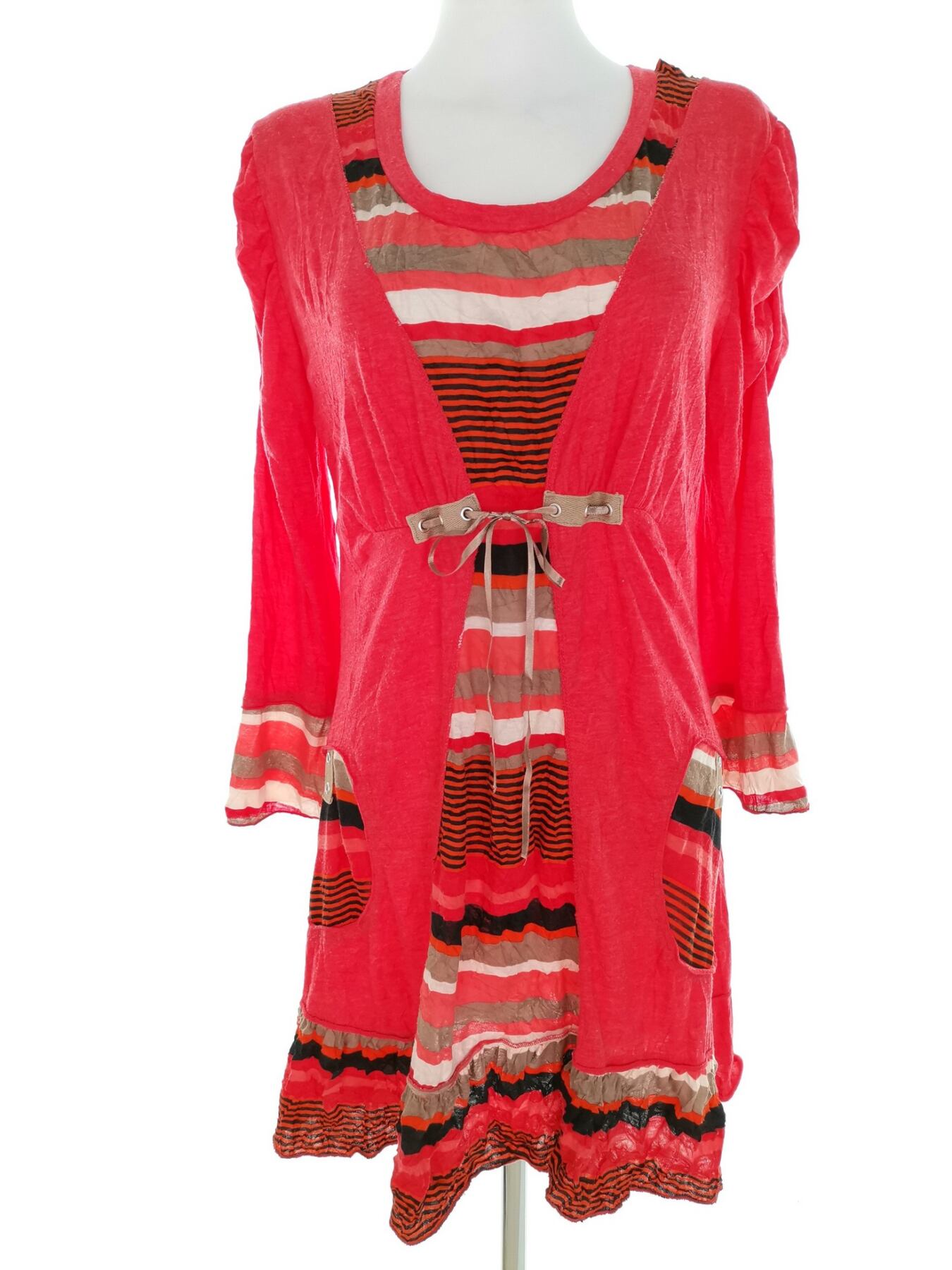 Vintage Rozmiar 42/44 Kolor Czerwony Pasy Okrągły dekolt Sukienka Sheath Długi rękaw Do Kolan