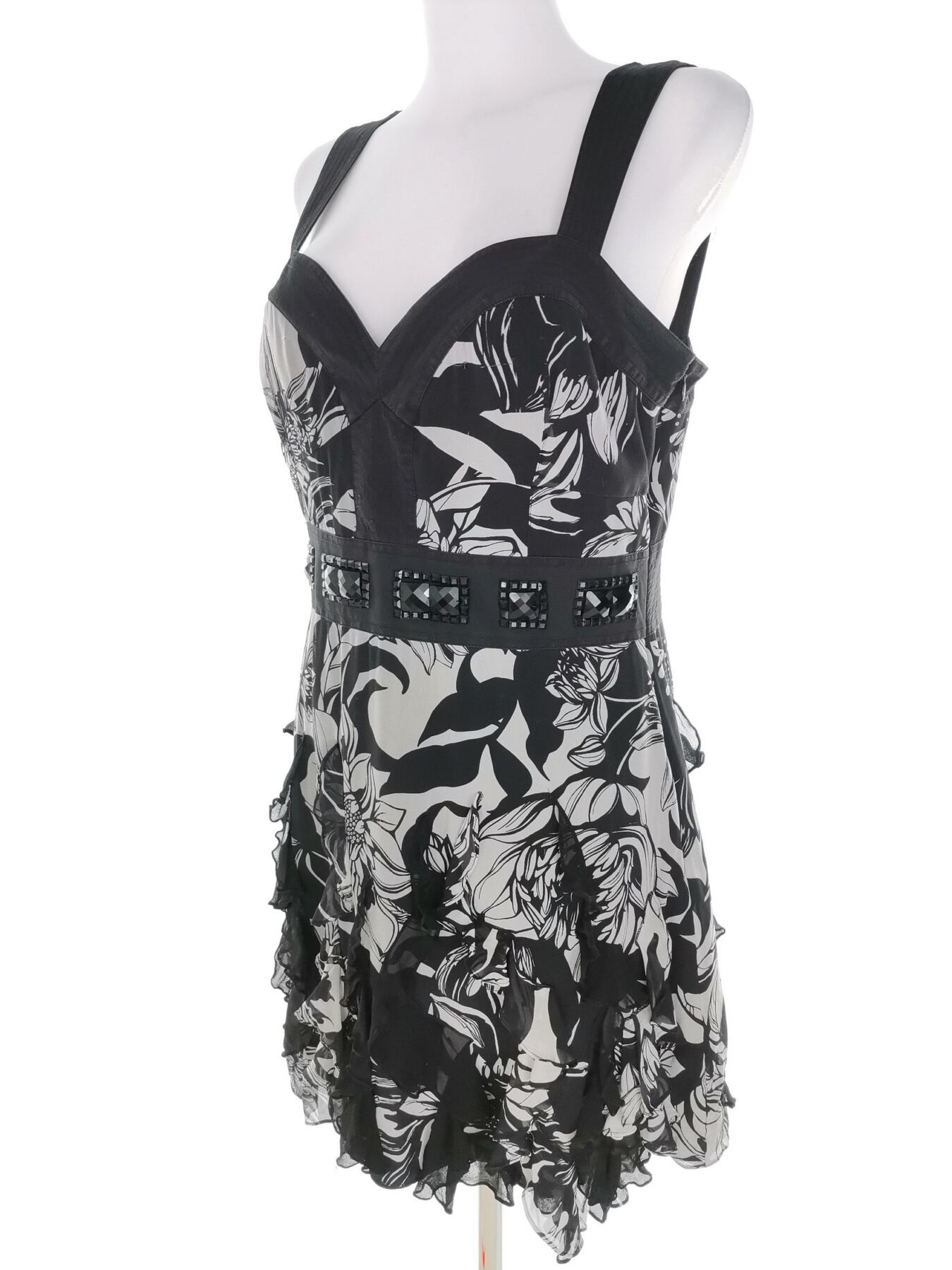 IMG_20221223_091649.jpg Karen MILLEN Rozmiar 14 (40) Kolor Czarny Odkryte Ramiona Sukienka Prostokątna Bezrękawnik Do Kolan Materiał Jedwab 100%
