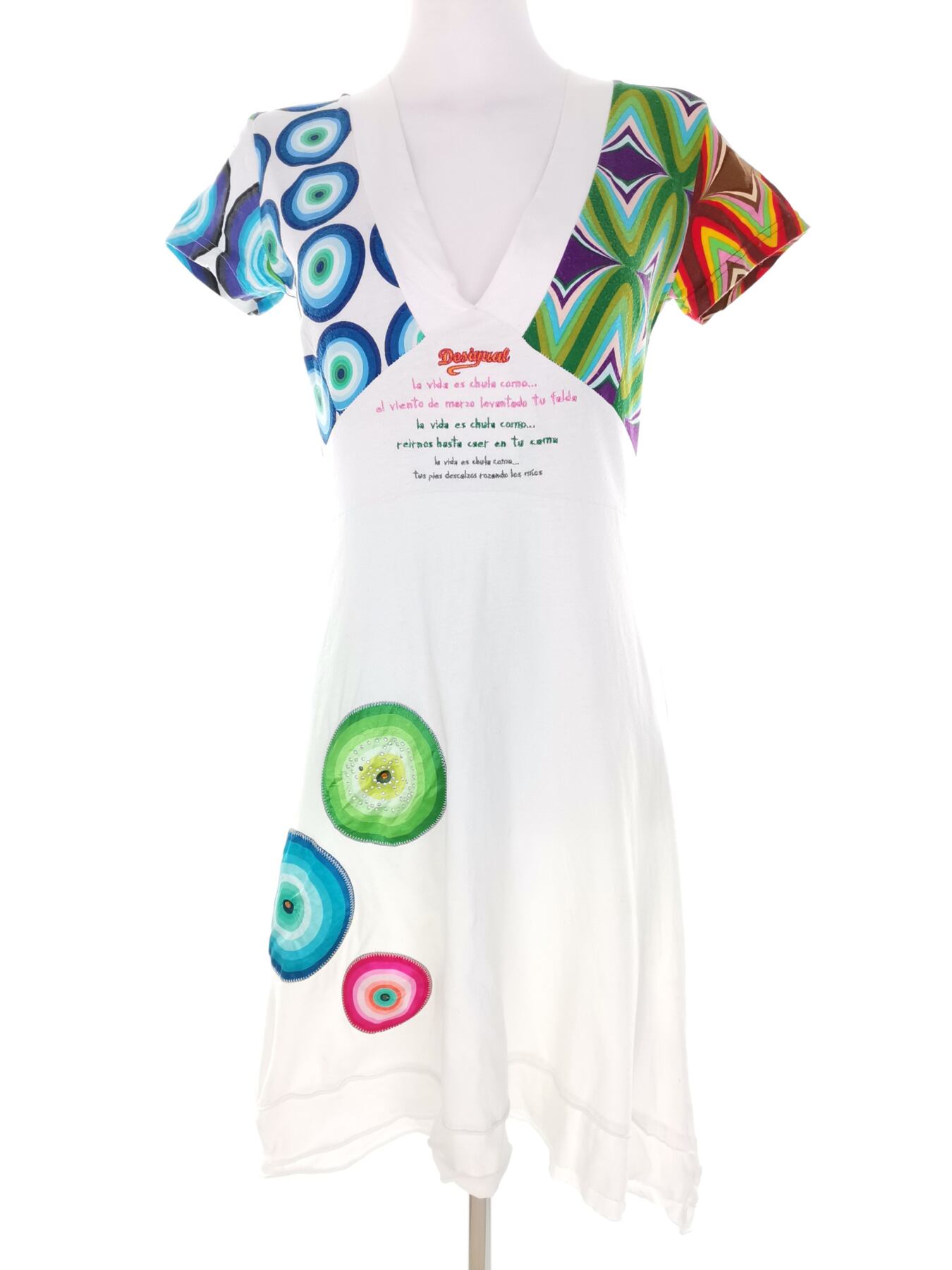 DESIGUAL Rozmiar S Kolor Biały W serek Sukienka A-Line Krótki rękaw Do Kolan Materiał Bawełna 100%