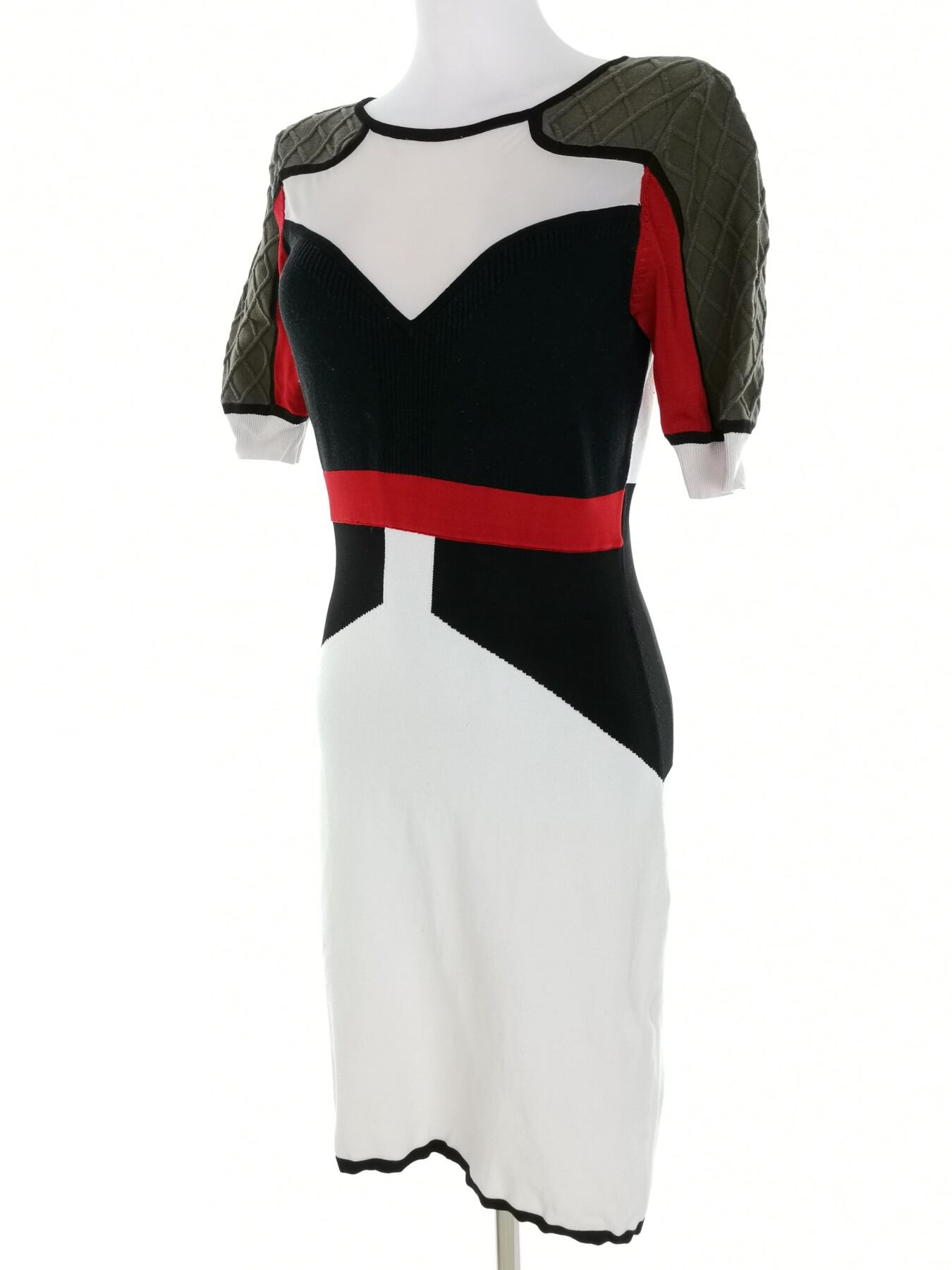IMG_20230113_115849.jpg Karen MILLEN Rozmiar 3 (38) Kolor Biały Okrągły dekolt Sukienka Ołówkowa Krótki rękaw Do Kolan