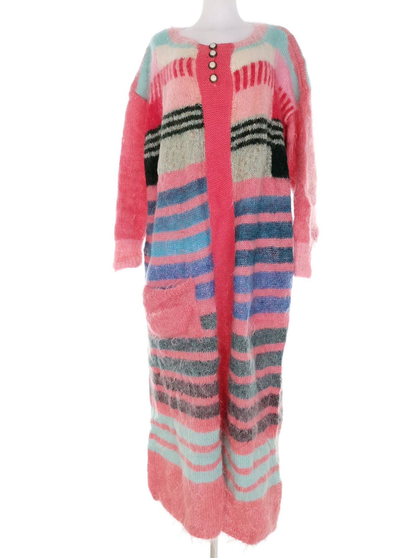 Vintage Rozmiar 54/56 Kolor Różowy Pasy Okrągły dekolt Sukienka Sweterkowa Długi rękaw Długa
